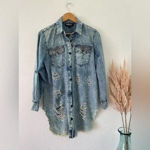 Thrill Jeans Denim Sequin Fringe Button Down, Size Large